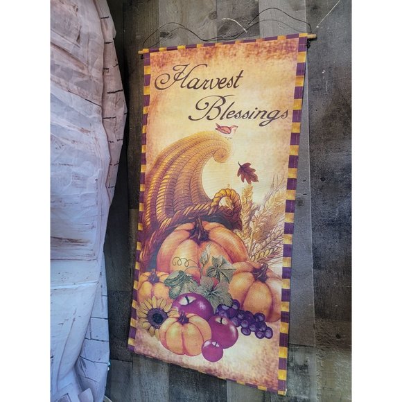 Harvest Blessings Cornucopia Thanksgiving pumpkin grapes apple banner flag decor - Picture 2 of 4